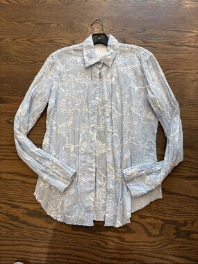 Light Blue Floral Lace-Overlay Men's Button Shirt